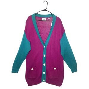 Vintage 90s Womens Cardigan Long 42 Knit Contrast Color Block Retro Disco Cotton